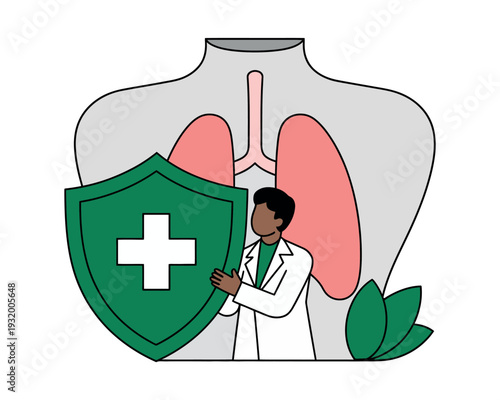 A doctor in a white coat holding a green shield with a white cross in front of a large illustration of lungs and a human torso.