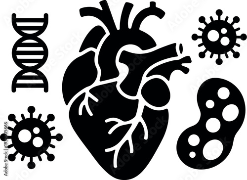 A black and white illustration of a human heart surrounded by DNA, bacteria, and viruses.