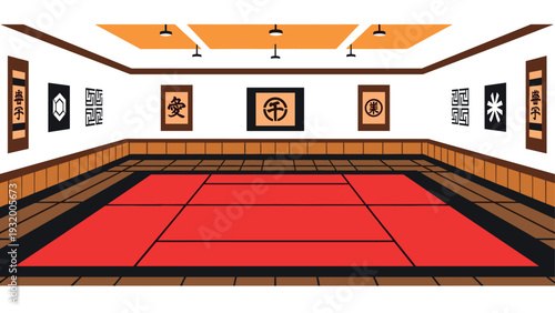 Traditional dojo interior with tatami mats and calligraphy decor