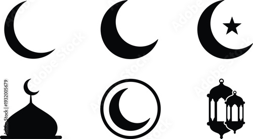 Islamic Crescent Moon, Star, Dome and Lantern Icons Representing Islamic Symbols, Faith, and Cultural Elements for Religious Celebrations