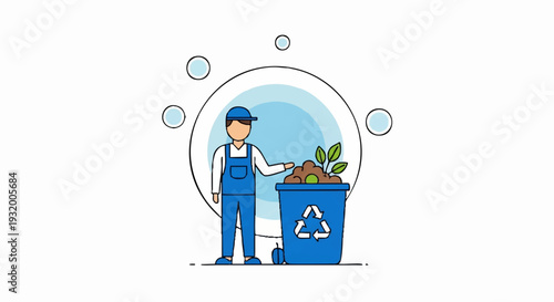 Man in blue overalls with recycling bin and plants.