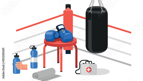 Boxing equipment in gym setting with gloves, punching bag, and fitness accessories