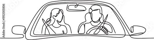 Driver Man Driving Car And Carrying Girl Black Line Pencil Drawing Vector. Driver Drive Transport With Passenger Young Woman. one line art icon drawing vector
