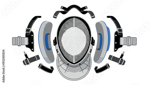 Fencing helmet layout with gear elements in flat design for sports enthusiasts and equipment lovers