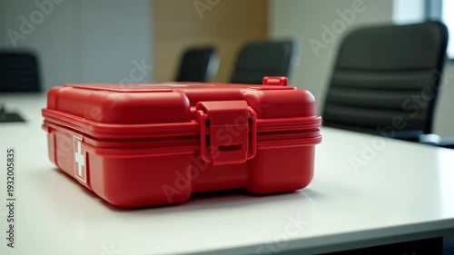 Minimalist side-angle shot of a red first aid kit placed near the edge of a white conference table, blurred office chairs and neutral-toned walls forming a soft backdrop, diffused overhead lighting