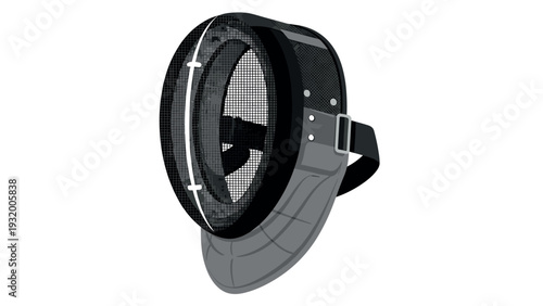 Fencing mask design with detailed mesh and dark straps on white background