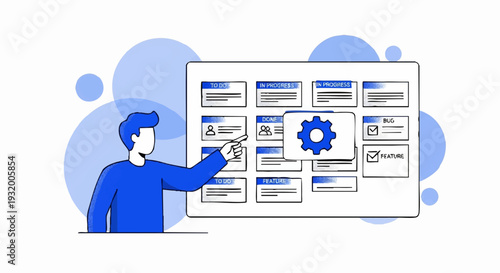 Man Interacting with Digital Kanban Board for Project Management.
