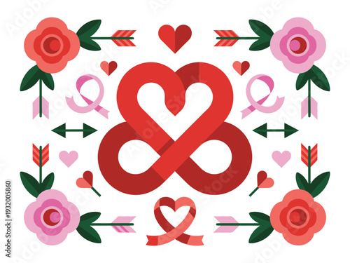 Intertwined heart shape surrounded by floral.