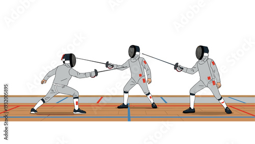 Dynamic fencing match with three athletes in action on a wooden floor