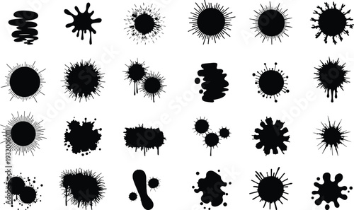 Grunge ink splatter shapes collection paint splash liquid blot abstract texture vector design elements pack