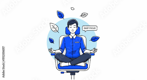 Man Meditating in Office Chair with Leaves Floating Around.