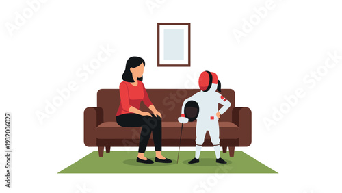 Fencing enthusiast child with mom on couch in modern flat design