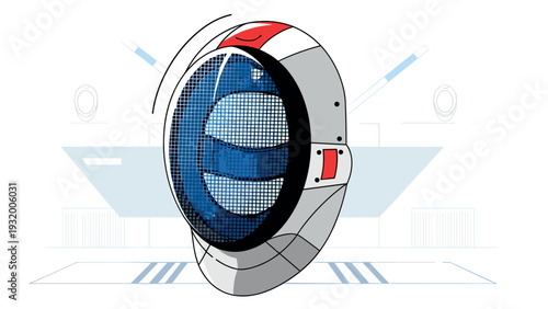 Futuristic fencing helmet with digital elements on abstract background
