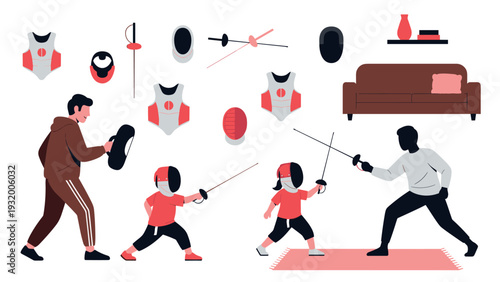 Family fencing practice with kids and trainer in modern flat design