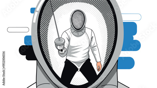 Dynamic fencing encounter in minimalist style with masked athlete in action