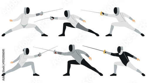 Dynamic fencing poses in flat style featuring six fencers engaged in intense sport action