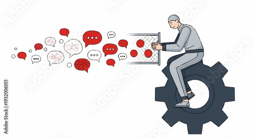 Man on Gear Controlling Communication Flow.