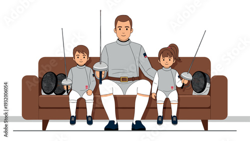 Family bonding through fencing: father and kids on sofa with sabers