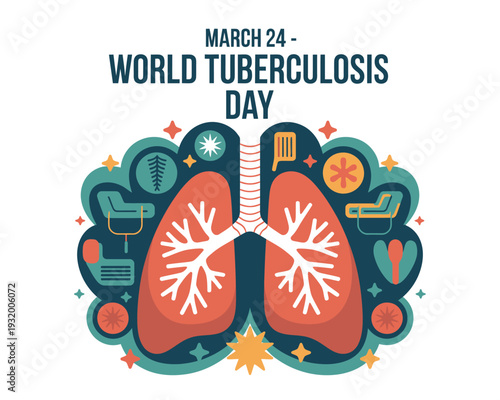 An illustration of lungs surrounded by medical icons for World Tuberculosis Day on March 24th