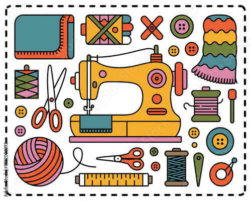 A colorful illustration of sewing tools and equipment for crafting and tailoring