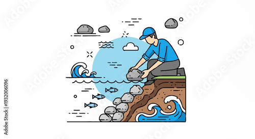 Man placing rocks on a coastline to prevent erosion.