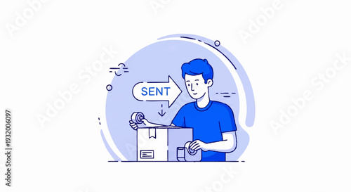 Man Packing a Box with Sent Notification.