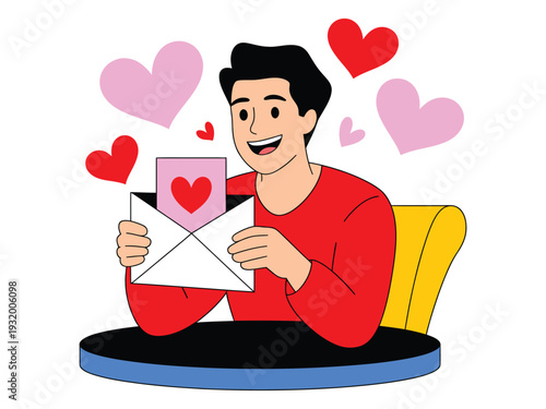Smiling man receives a love letter with hearts.