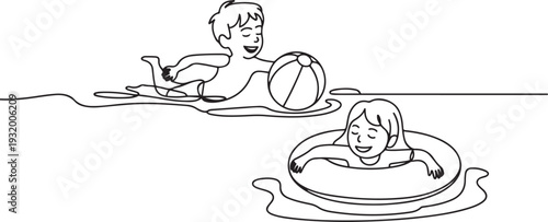 Boy Play With Ball And Swim, Girl Floating On Lifebuoy, Children In Swimming Pool. one line art icon drawing vector