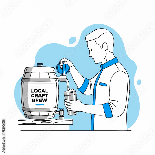 Man pouring local craft brew from barrel into cup.