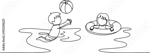 Boy Play With Ball And Swim, Girl Floating On Lifebuoy, Children In Swimming Pool. one line art icon drawing vector