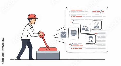 Man Pulling Lever Activating Business Process Management System.