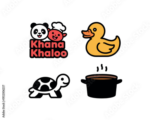 A playful combination of cartoon characters and cooking symbols featuring a panda, duck, turtle, and pot.