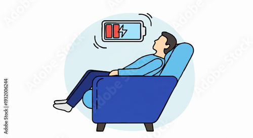Man resting in chair with low battery symbol above head.