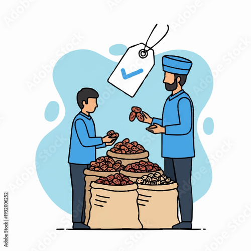 Man selling dates to a boy at a market stall.