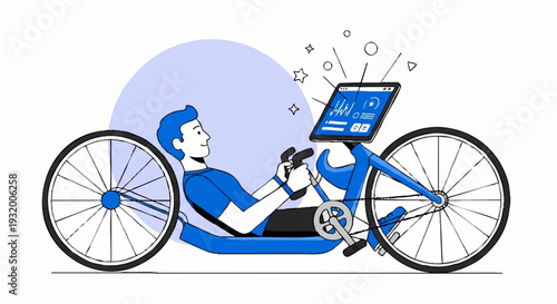 Man riding a recumbent bicycle with a tablet screen.