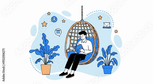 Man sitting in a hanging chair reading a book.