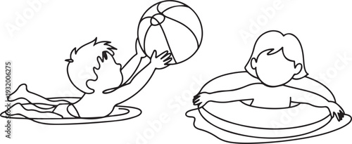 Boy Play With Ball And Swim, Girl Floating On Lifebuoy, Children In Swimming Pool. one line art icon drawing vector