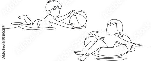 Boy Play With Ball And Swim, Girl Floating On Lifebuoy, Children In Swimming Pool. one line art icon drawing vector