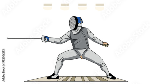 Dynamic fencer in action pose with protective gear and sword on striped floor
