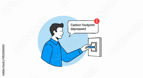 Man turning off light switch to reduce carbon footprint awareness.