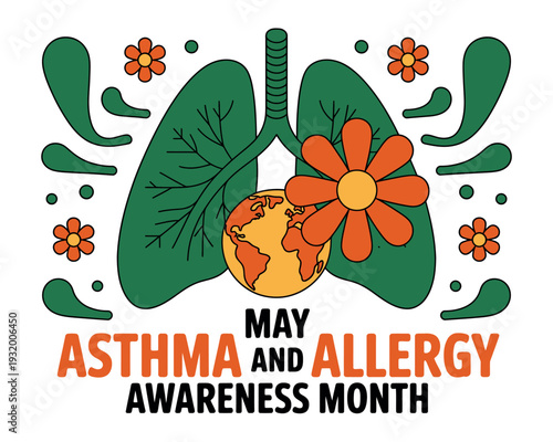 A vibrant illustration promoting Asthma and Allergy Awareness Month with a stylized lung and flower design