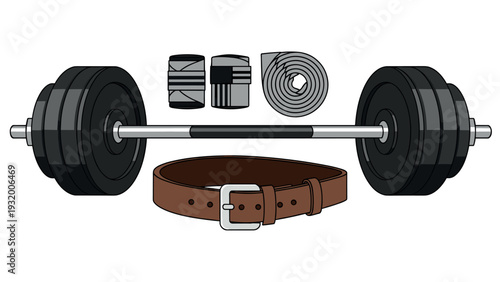 Gym equipment set with barbell, lifting belt, and wraps in flat style for fitness and strength training