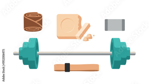 Gym essentials in modern flat design: barbell, chalk, wrist wraps, and resistance band