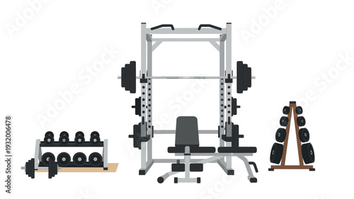 Home gym equipment set with dumbbells and barbell rack on white background