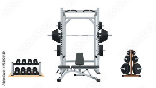 Home gym equipment set featuring squat rack bench and dumbbells