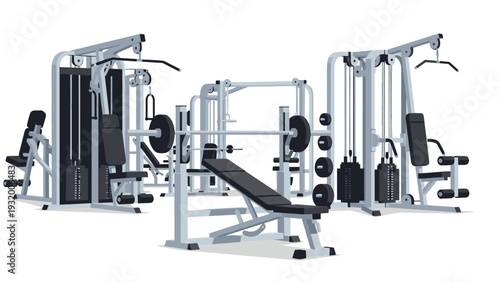 Modern gym equipment set with bench and machines for fitness and strength training