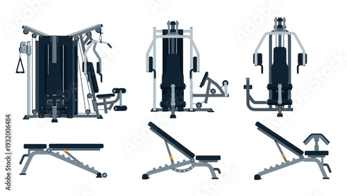 Collection of gym equipment for home fitness: versatile gym machines in flat design
