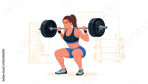 Strong woman performing barbell squat in gym setting