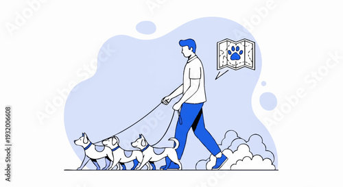 Man walking three dogs on leashes outdoors.