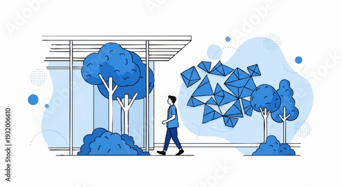 Man walking past abstract geometric tree and natural tree.